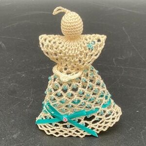 Handmade Crochet Angel Ornament With Teal Ribbon And Beads Stiffened Cotton‎